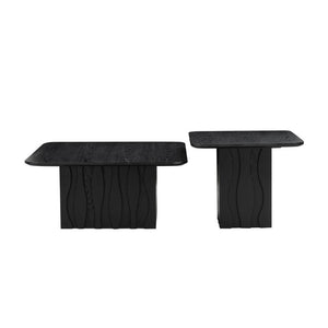 English Elm 2Pcs Nesting Square Coffee Tables Hand Carved Fluted Wood Base Mid Century Living Room Black W2582S00220