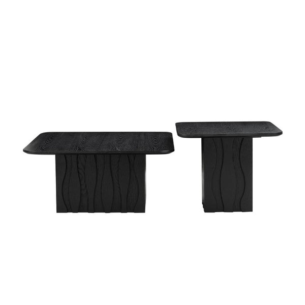 English Elm 2Pcs Nesting Square Coffee Tables Hand Carved Fluted Wood Base Mid Century Living Room Black W2582S00220