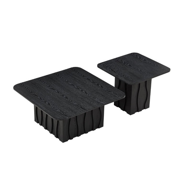 English Elm 2Pcs Nesting Square Coffee Tables Hand Carved Fluted Wood Base Mid Century Living Room Black W2582S00220