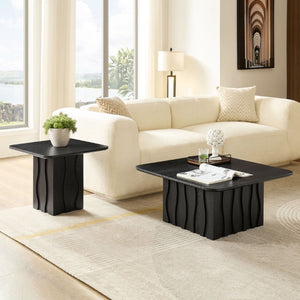 English Elm 2Pcs Nesting Square Coffee Tables Hand Carved Fluted Wood Base Mid Century Living Room Black W2582S00220