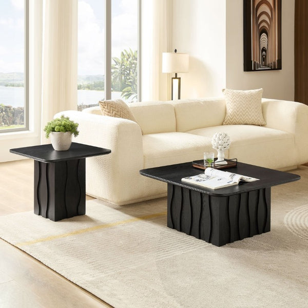 English Elm 2Pcs Nesting Square Coffee Tables Hand Carved Fluted Wood Base Mid Century Living Room Black W2582S00220