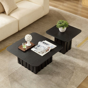 English Elm 2Pcs Nesting Square Coffee Tables Hand Carved Fluted Wood Base Mid Century Living Room Black W2582S00220