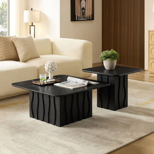 English Elm 2Pcs Nesting Square Coffee Tables Hand Carved Fluted Wood Base Mid Century Living Room Black W2582S00220