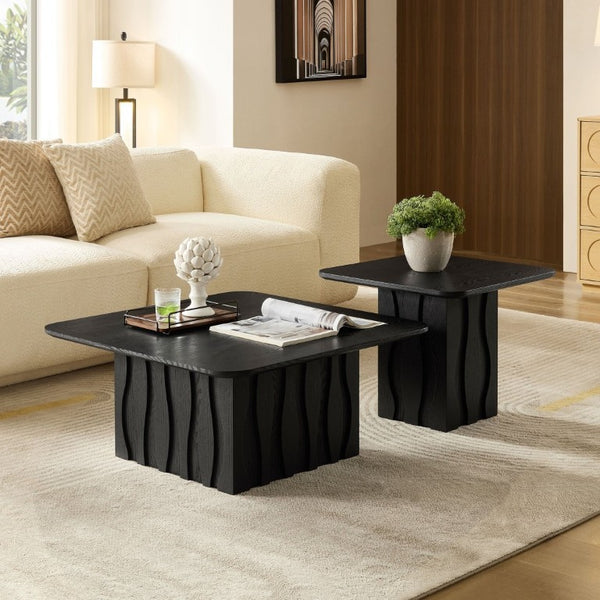 English Elm 2Pcs Nesting Square Coffee Tables Hand Carved Fluted Wood Base Mid Century Living Room Black W2582S00220