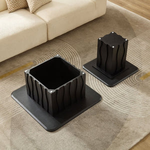 English Elm 2Pcs Nesting Square Coffee Tables Hand Carved Fluted Wood Base Mid Century Living Room Black W2582S00220
