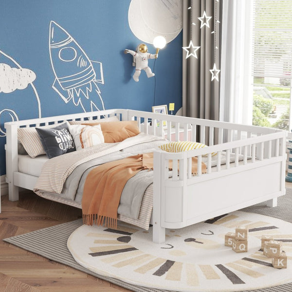 English Elm Full Size Low Profile Pine Platform Bed with Guardrails for Safe Kids Bedroom White W2593P445116