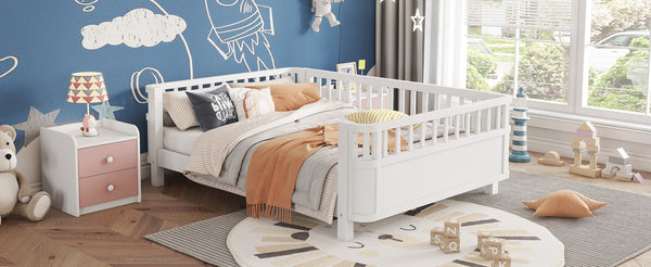 English Elm Full Size Low Profile Pine Platform Bed with Guardrails for Safe Kids Bedroom White W2593P445116