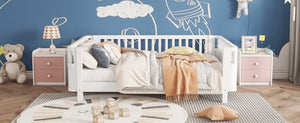 English Elm Full Size Low Profile Pine Platform Bed with Guardrails for Safe Kids Bedroom White W2593P445116