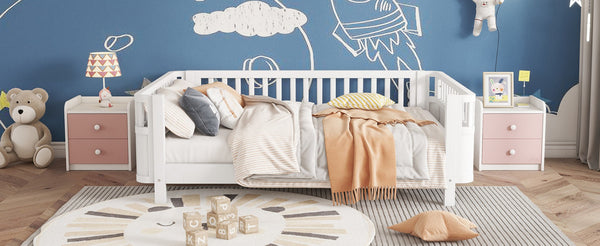 English Elm Full Size Low Profile Pine Platform Bed with Guardrails for Safe Kids Bedroom White W2593P445116
