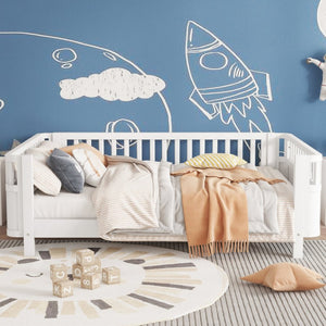 English Elm Full Size Low Profile Pine Platform Bed with Guardrails for Safe Kids Bedroom White W2593P445116