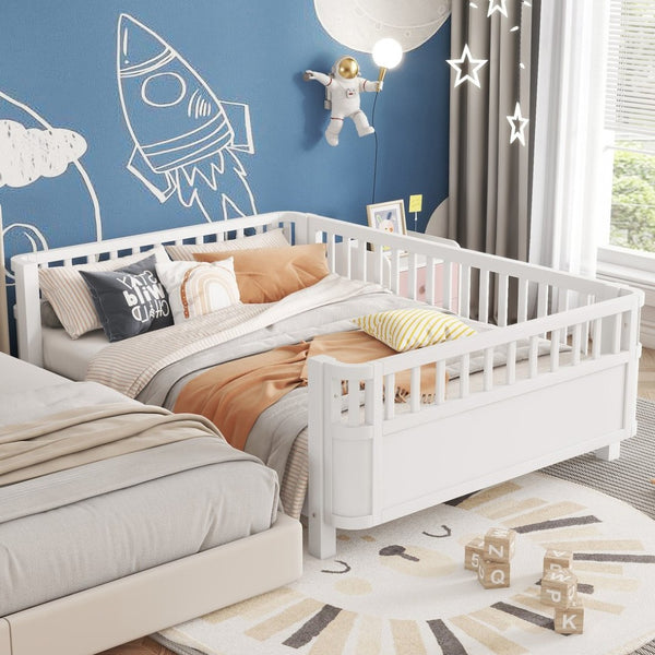 English Elm Full Size Low Profile Pine Platform Bed with Guardrails for Safe Kids Bedroom White W2593P445116