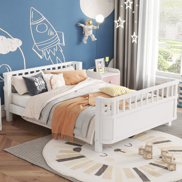 English Elm Full Size Low Profile Pine Platform Bed with Guardrails for Safe Kids Bedroom White W2593P445116