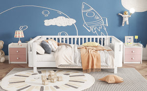 English Elm Full Size Low Profile Pine Platform Bed with Guardrails for Safe Kids Bedroom White W2593P445116