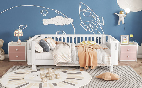 English Elm Full Size Low Profile Pine Platform Bed with Guardrails for Safe Kids Bedroom White W2593P445116