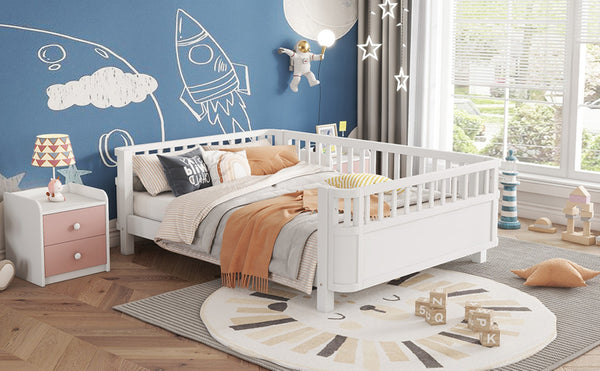 English Elm Full Size Low Profile Pine Platform Bed with Guardrails for Safe Kids Bedroom White W2593P445116