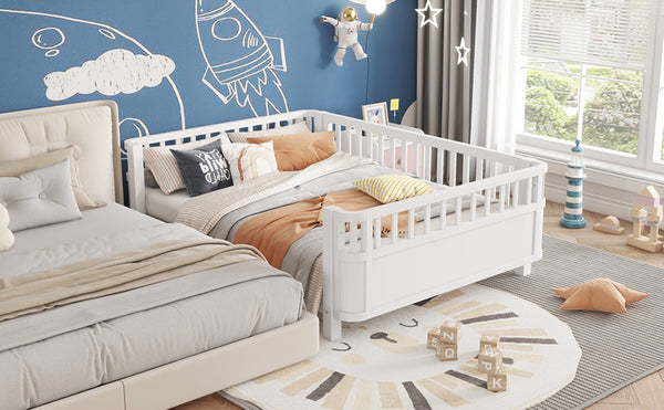 English Elm Full Size Low Profile Pine Platform Bed with Guardrails for Safe Kids Bedroom White W2593P445116