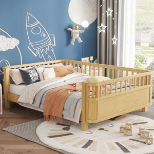 English Elm Full Size Low Profile Pine Platform Bed with Guardrails for Safe Kids Bedroom Natural W2593P445130