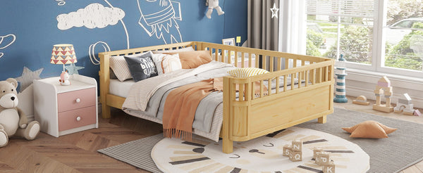 English Elm Full Size Low Profile Pine Platform Bed with Guardrails for Safe Kids Bedroom Natural W2593P445130
