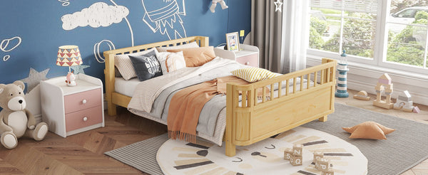 English Elm Full Size Low Profile Pine Platform Bed with Guardrails for Safe Kids Bedroom Natural W2593P445130