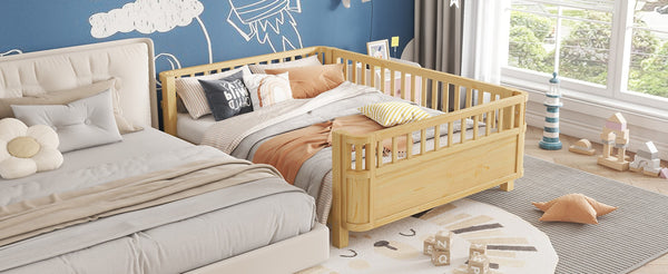 English Elm Full Size Low Profile Pine Platform Bed with Guardrails for Safe Kids Bedroom Natural W2593P445130