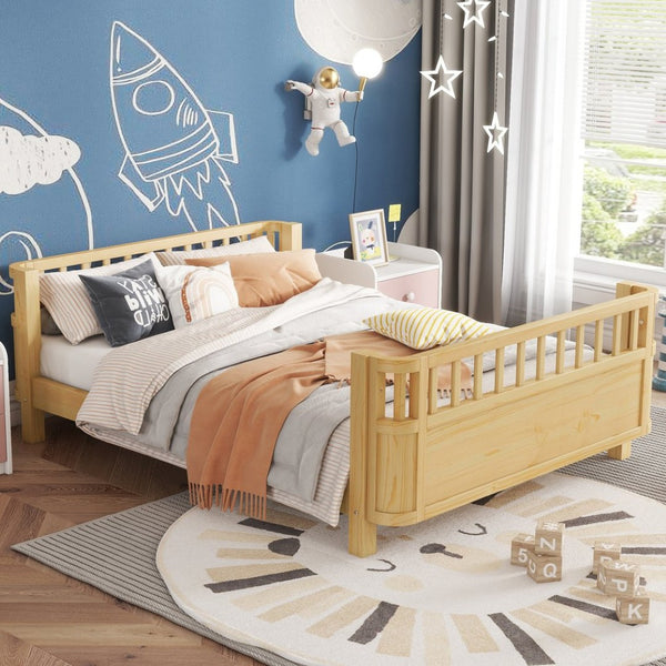 English Elm Full Size Low Profile Pine Platform Bed with Guardrails for Safe Kids Bedroom Natural W2593P445130