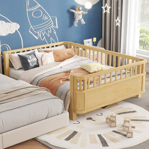 English Elm Full Size Low Profile Pine Platform Bed with Guardrails for Safe Kids Bedroom Natural W2593P445130