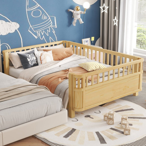 English Elm Full Size Low Profile Pine Platform Bed with Guardrails for Safe Kids Bedroom Natural W2593P445130