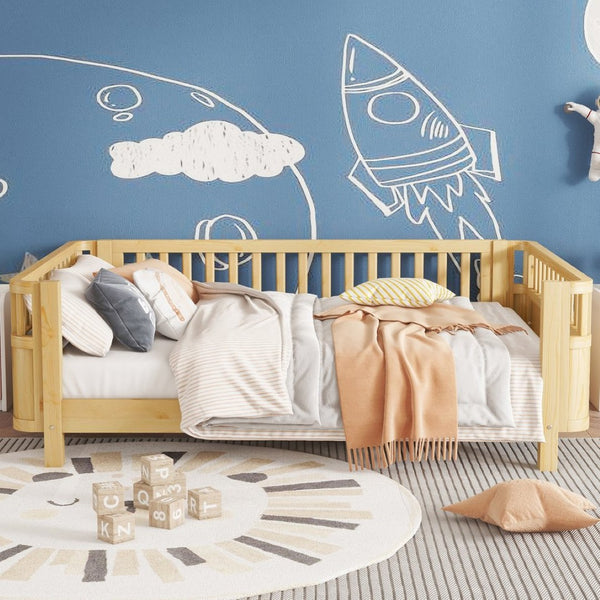 English Elm Full Size Low Profile Pine Platform Bed with Guardrails for Safe Kids Bedroom Natural W2593P445130