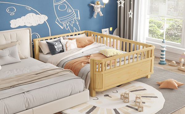 English Elm Full Size Low Profile Pine Platform Bed with Guardrails for Safe Kids Bedroom Natural W2593P445130