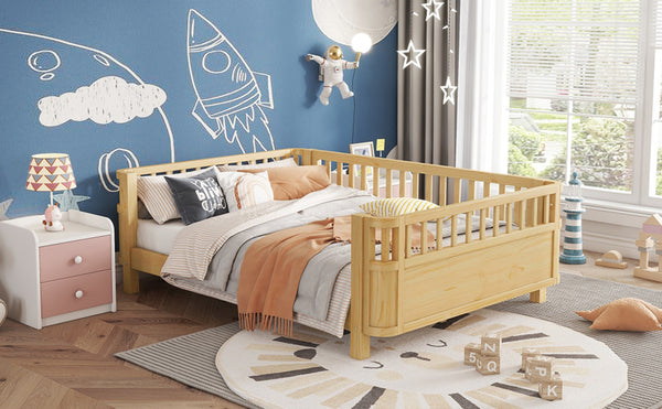 English Elm Full Size Low Profile Pine Platform Bed with Guardrails for Safe Kids Bedroom Natural W2593P445130
