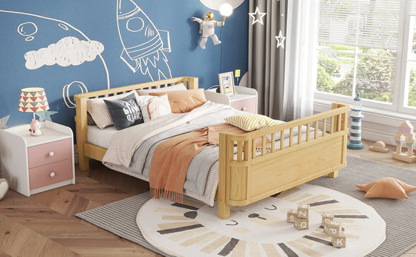 English Elm Full Size Low Profile Pine Platform Bed with Guardrails for Safe Kids Bedroom Natural W2593P445130