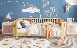 English Elm Full Size Low Profile Pine Platform Bed with Guardrails for Safe Kids Bedroom Natural W2593P445130