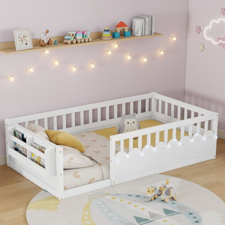English Elm Twin Montessori Floor Bed Pine Wood Frame with LED Strip Guard Rails and Storage Shelf W2593P445131