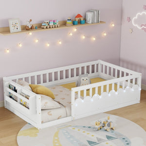 English Elm Twin Montessori Floor Bed Pine Wood Frame with LED Strip Guard Rails and Storage Shelf W2593P445131