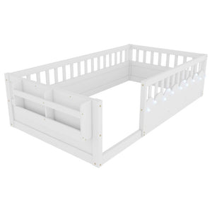 English Elm Twin Montessori Floor Bed Pine Wood Frame with LED Strip Guard Rails and Storage Shelf W2593P445131