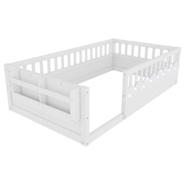 English Elm Twin Montessori Floor Bed Pine Wood Frame with LED Strip Guard Rails and Storage Shelf W2593P445131