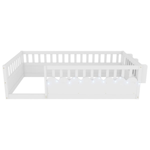 English Elm Twin Montessori Floor Bed Pine Wood Frame with LED Strip Guard Rails and Storage Shelf W2593P445131