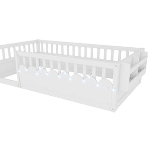 English Elm Twin Montessori Floor Bed Pine Wood Frame with LED Strip Guard Rails and Storage Shelf W2593P445131