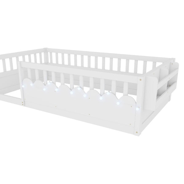 English Elm Twin Montessori Floor Bed Pine Wood Frame with LED Strip Guard Rails and Storage Shelf W2593P445131