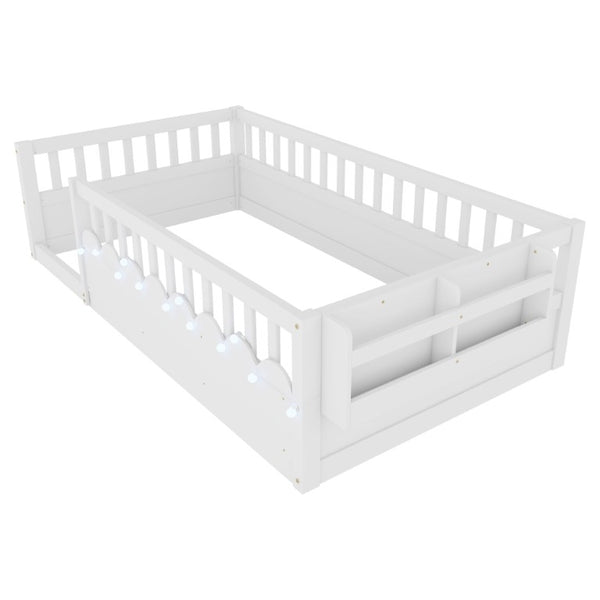 English Elm Twin Montessori Floor Bed Pine Wood Frame with LED Strip Guard Rails and Storage Shelf W2593P445131