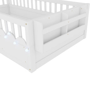 English Elm Twin Montessori Floor Bed Pine Wood Frame with LED Strip Guard Rails and Storage Shelf W2593P445131
