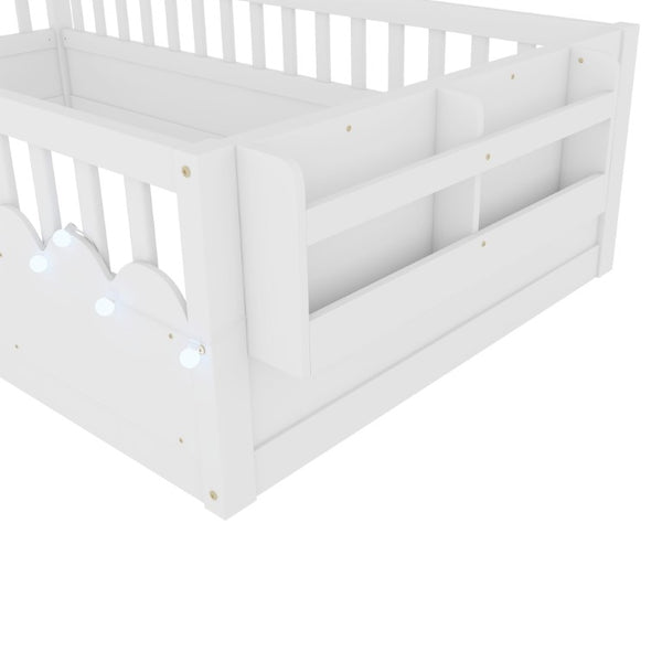 English Elm Twin Montessori Floor Bed Pine Wood Frame with LED Strip Guard Rails and Storage Shelf W2593P445131