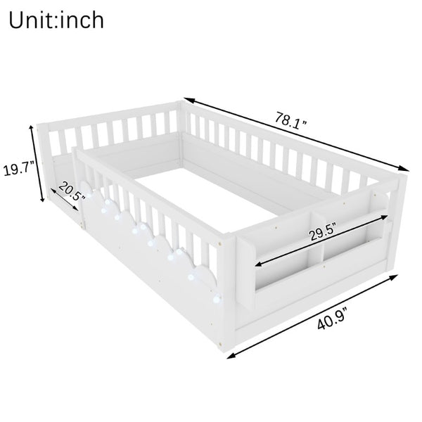 English Elm Twin Montessori Floor Bed Pine Wood Frame with LED Strip Guard Rails and Storage Shelf W2593P445131