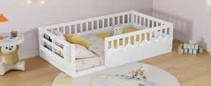 English Elm Twin Montessori Floor Bed Pine Wood Frame with LED Strip Guard Rails and Storage Shelf W2593P445131