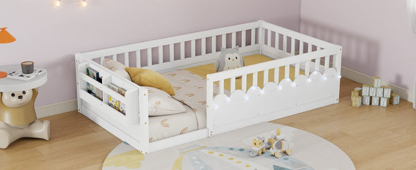 English Elm Twin Montessori Floor Bed Pine Wood Frame with LED Strip Guard Rails and Storage Shelf W2593P445131