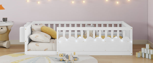 English Elm Twin Montessori Floor Bed Pine Wood Frame with LED Strip Guard Rails and Storage Shelf W2593P445131