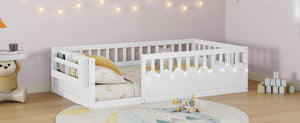 English Elm Twin Montessori Floor Bed Pine Wood Frame with LED Strip Guard Rails and Storage Shelf W2593P445131