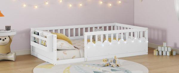 English Elm Twin Montessori Floor Bed Pine Wood Frame with LED Strip Guard Rails and Storage Shelf W2593P445131