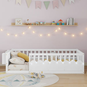 English Elm Twin Montessori Floor Bed Pine Wood Frame with LED Strip Guard Rails and Storage Shelf W2593P445131
