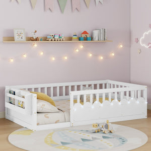 English Elm Twin Montessori Floor Bed Pine Wood Frame with LED Strip Guard Rails and Storage Shelf W2593P445131